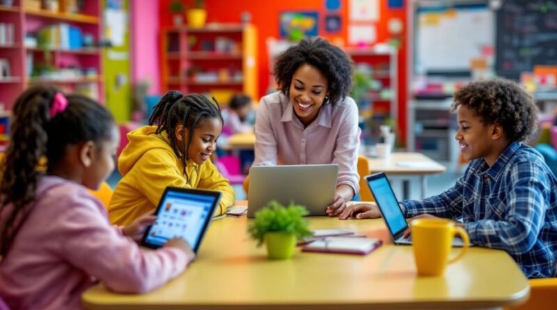 Kelas modern dengan siswa menggunakan laptop dan tablet.