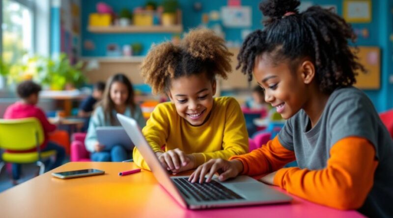 Siswa belajar dengan laptop dan tablet di kelas modern.