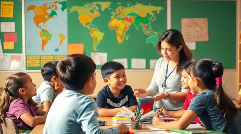 Gambar kelas dengan siswa dan guru yang berinteraksi.