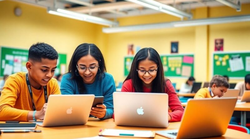 Siswa belajar dengan laptop dan tablet di kelas modern.